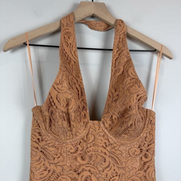 Bardot Corset Dress Womens XS Rust Riviera Crossover Halter Neck Lace Cocktail - Picture 6 of 14